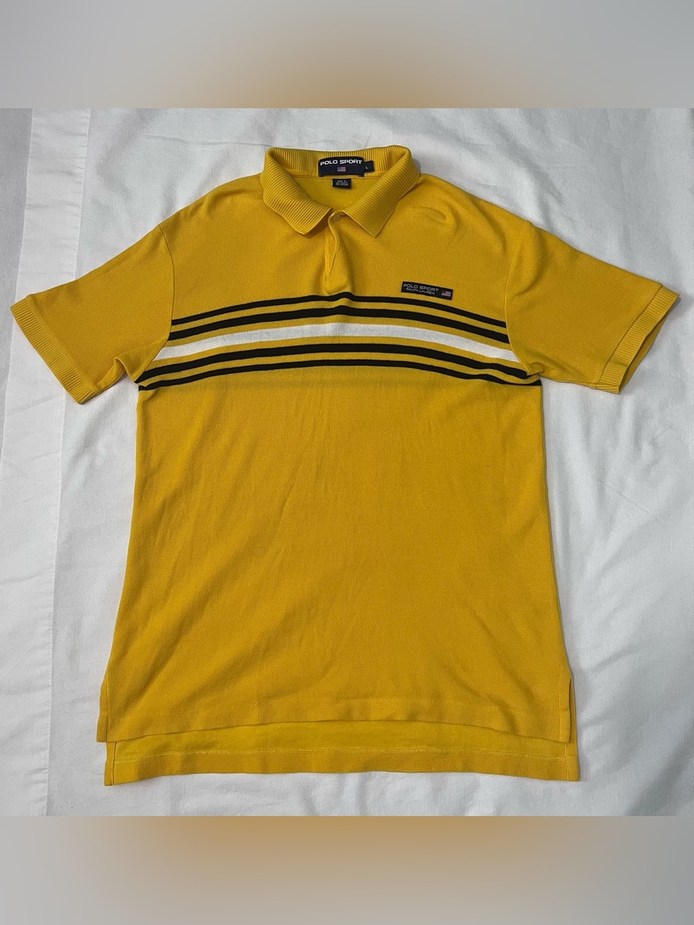 Vintage Polo Sport Ralph Lauren Yellow Stripe Waffle Knit Polo L Preppy Y2K